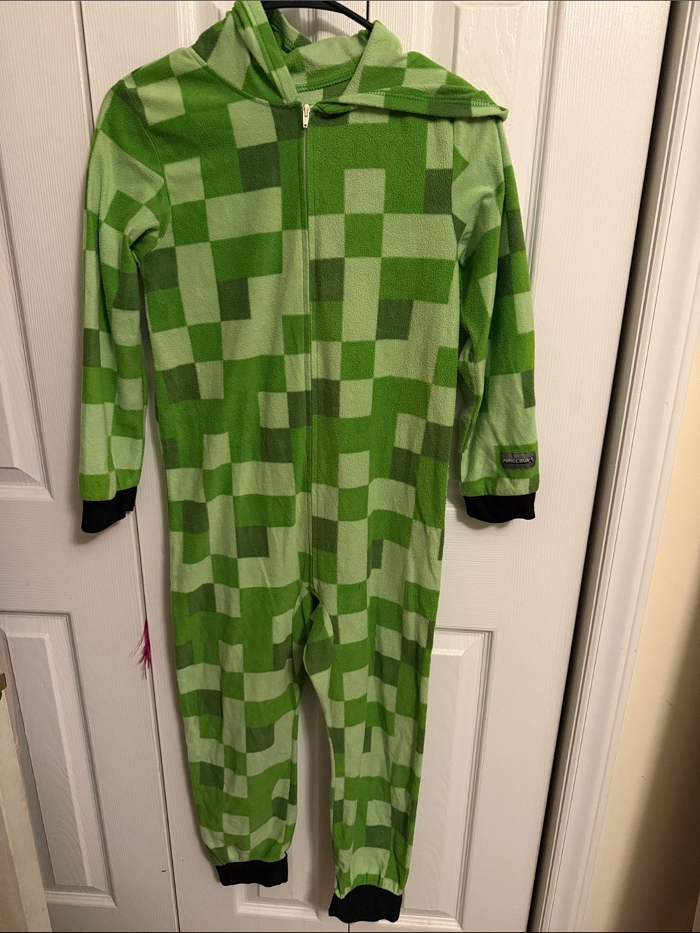 Green Pixel-Print Zip Front Hooded Kids One-Piece Pajamas
